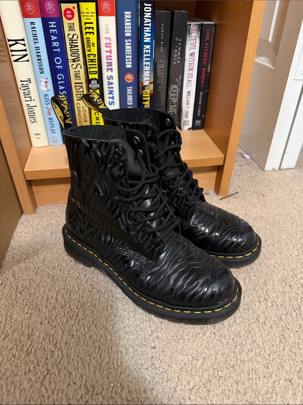 Black Women's Doc Martens Combat Boots with zebra texture